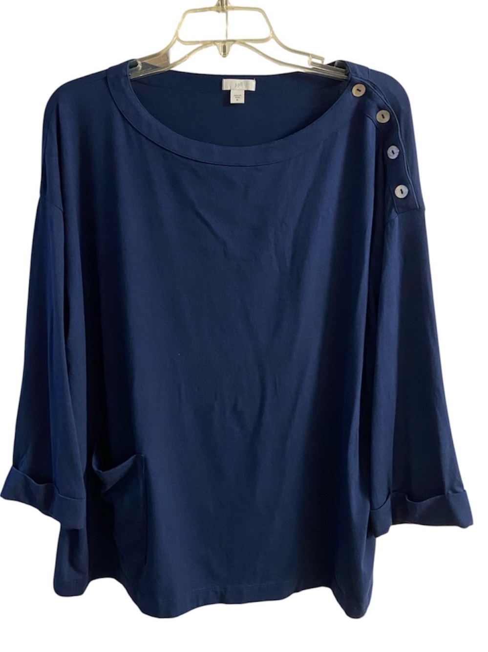 J. Jill Navy Blue Boatneck Top XL Button Shoulder 3/4 Sleeve